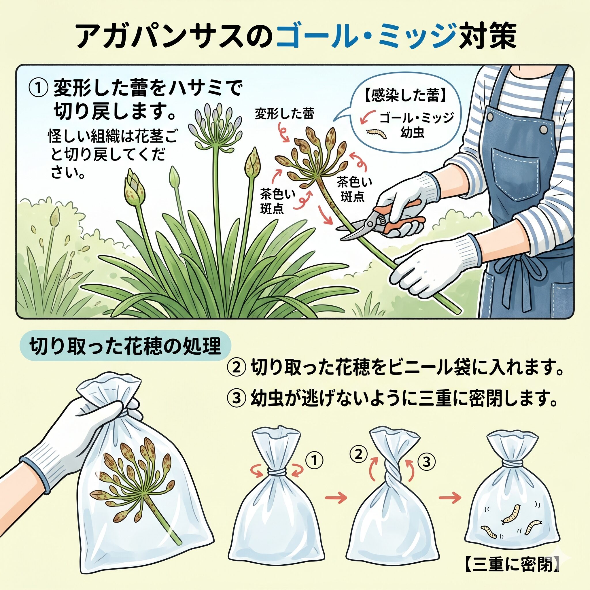 アガパンサス ファイヤーワークス9　アガパンサスゴールミッジの被害を受けた蕾を切り取りビニール袋に密閉する防除法