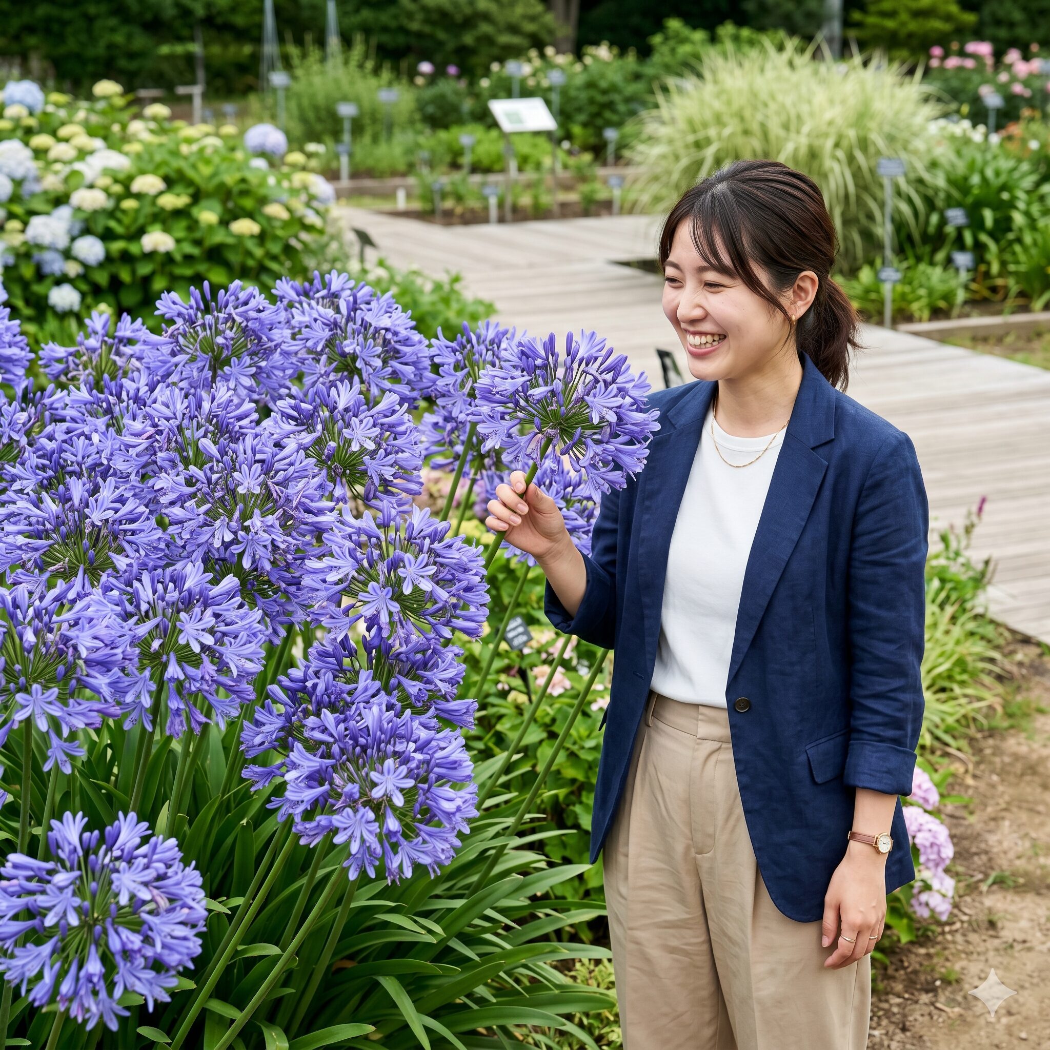 アガパンサス プラエコクス10　日当たりの良いお庭の特等席で大輪のブルーの花を満開に咲かせたアガパンサスと笑顔の若い日本人女性
