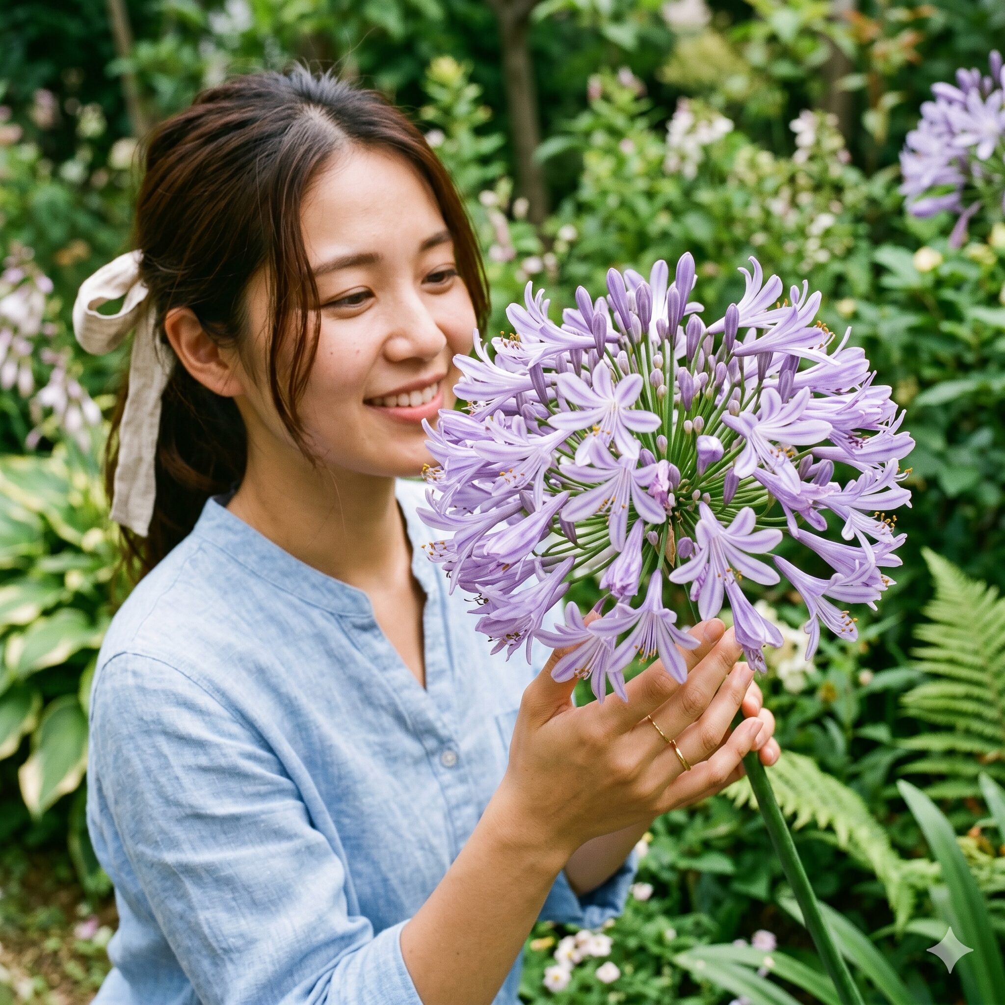 アガパンサス プラエコクス2　たくさんの小花が球状に密集して豪華に咲くアガパンサス・オリエンタリスのアップ
