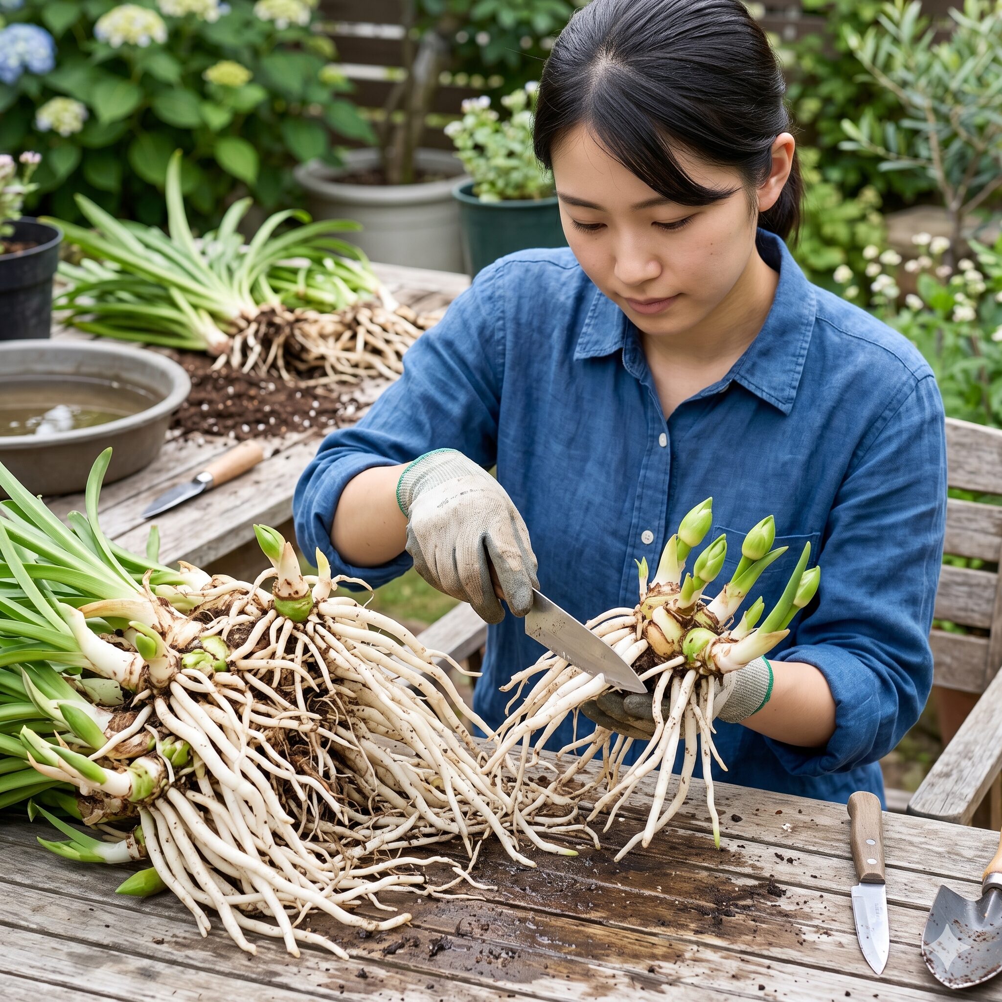 アガパンサス プラエコクス9　幼若化による不開花を防ぐために芽を5つ以上残して大ぶりにアガパンサスを株分けする園芸作業