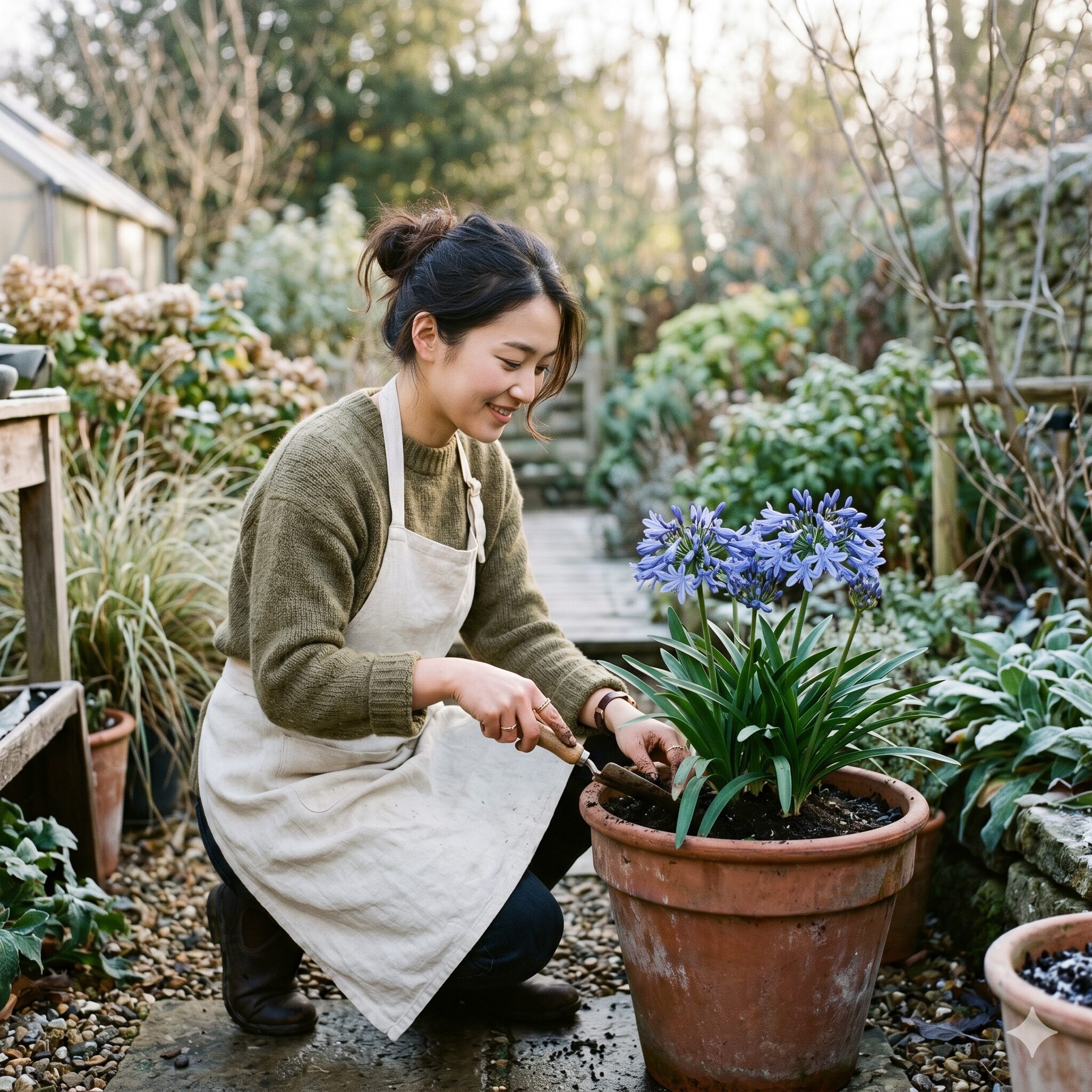 アガパンサス 冬　冬の庭でアガパンサスの鉢植えを優しくお手入れする若い日本人女性のイメージ