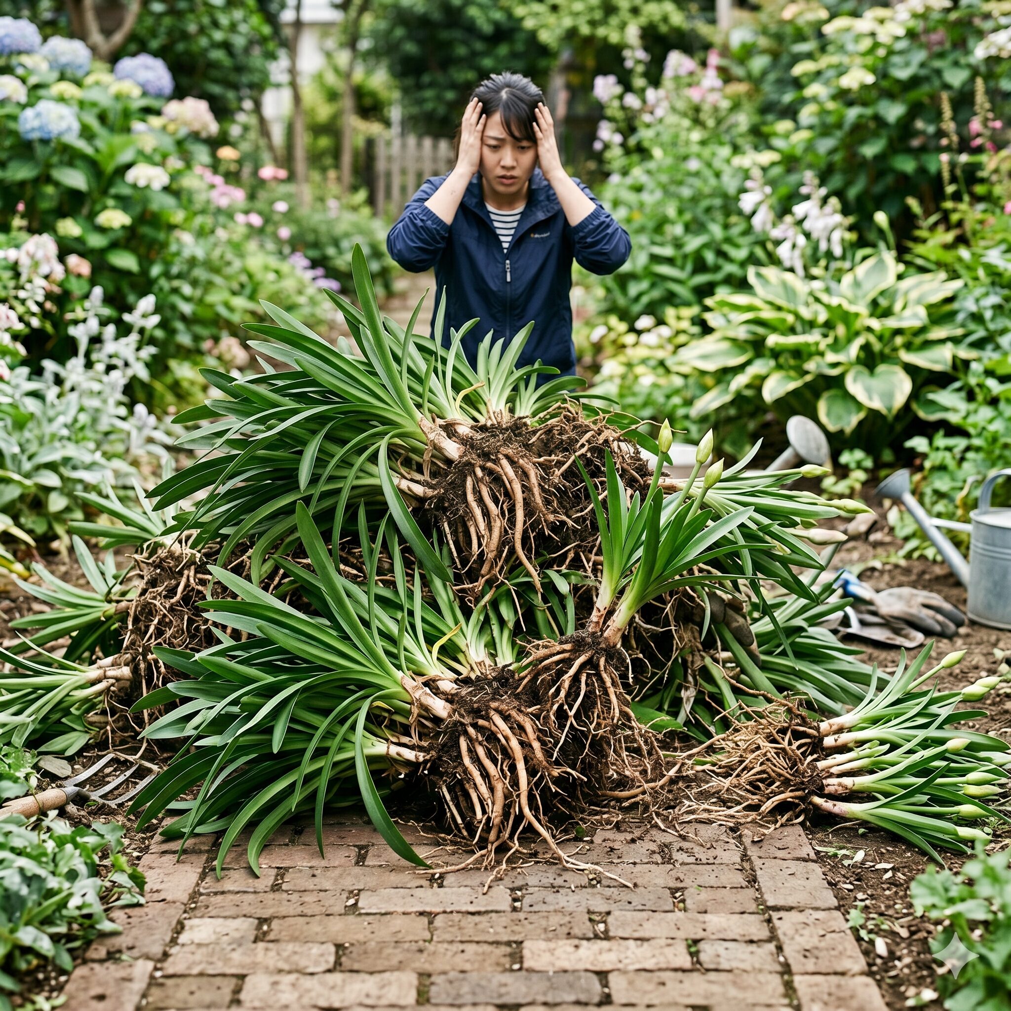 アガパンサス 増えすぎ3　地植えで増えすぎて庭の小道を完全に塞いでしまった巨大なアガパンサスと困惑する女性
