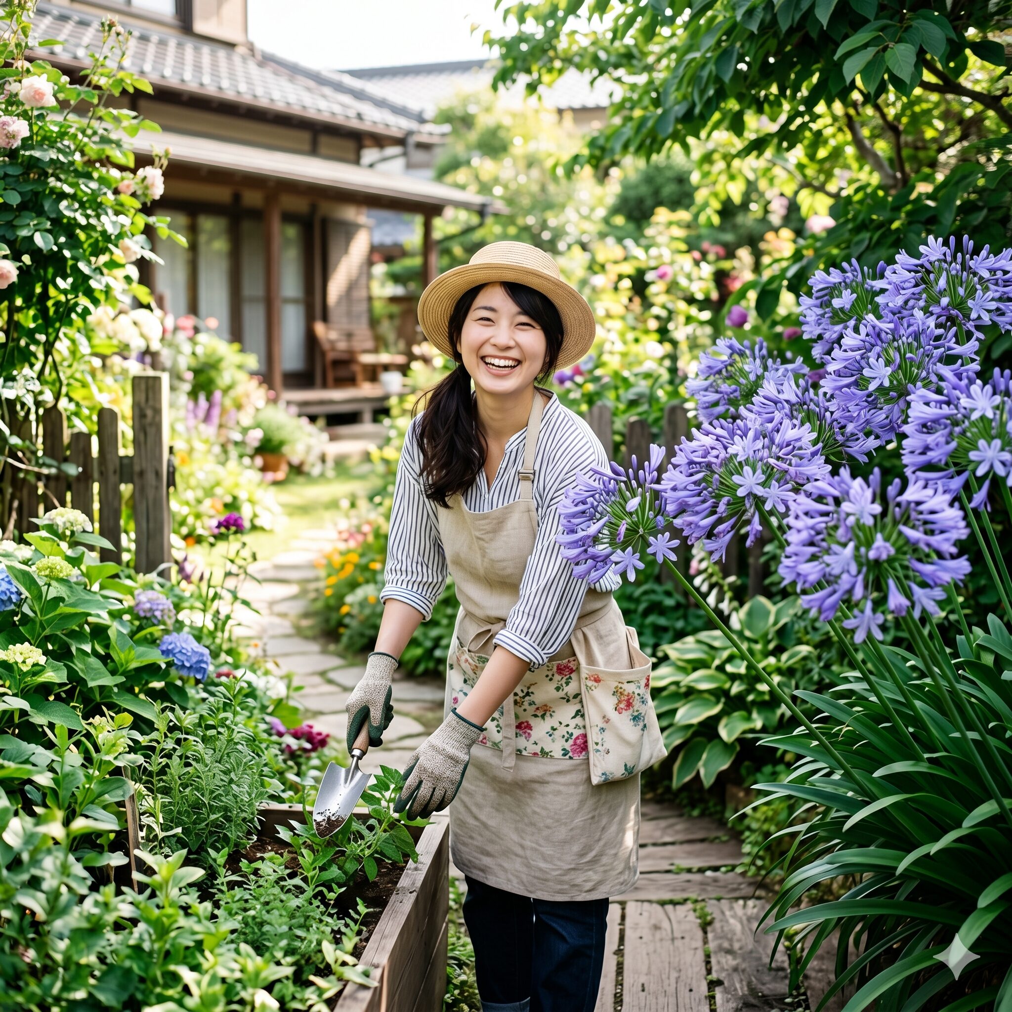 アガパンサス 株分け 失敗1　初夏の庭で綺麗に咲くアガパンサスの花と笑顔の若い日本人女性のイメージ