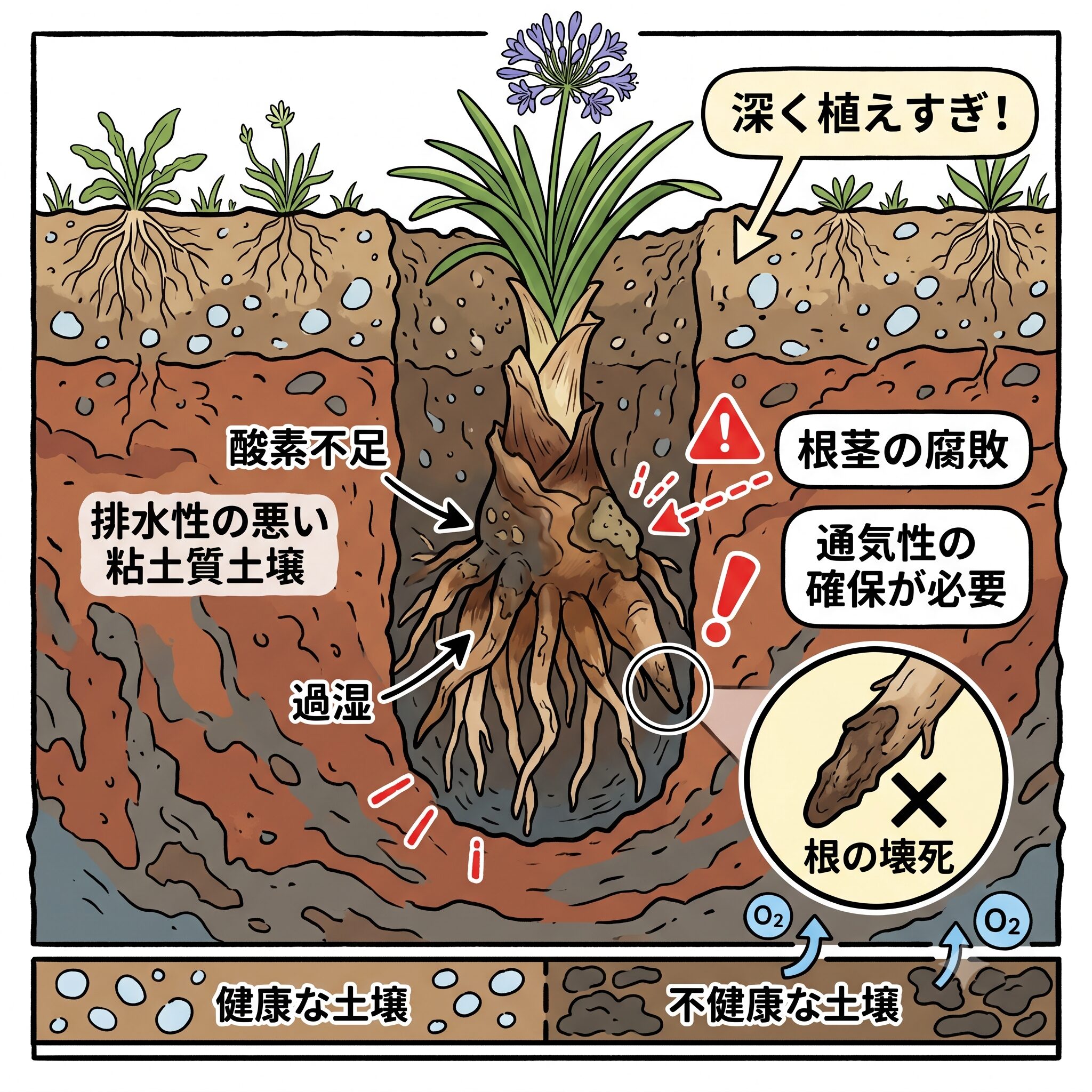 アガパンサス 株分け 失敗5 深植えと水はけの悪さによって地中で酸欠を起こし傷み始めたアガパンサスの根のイラスト