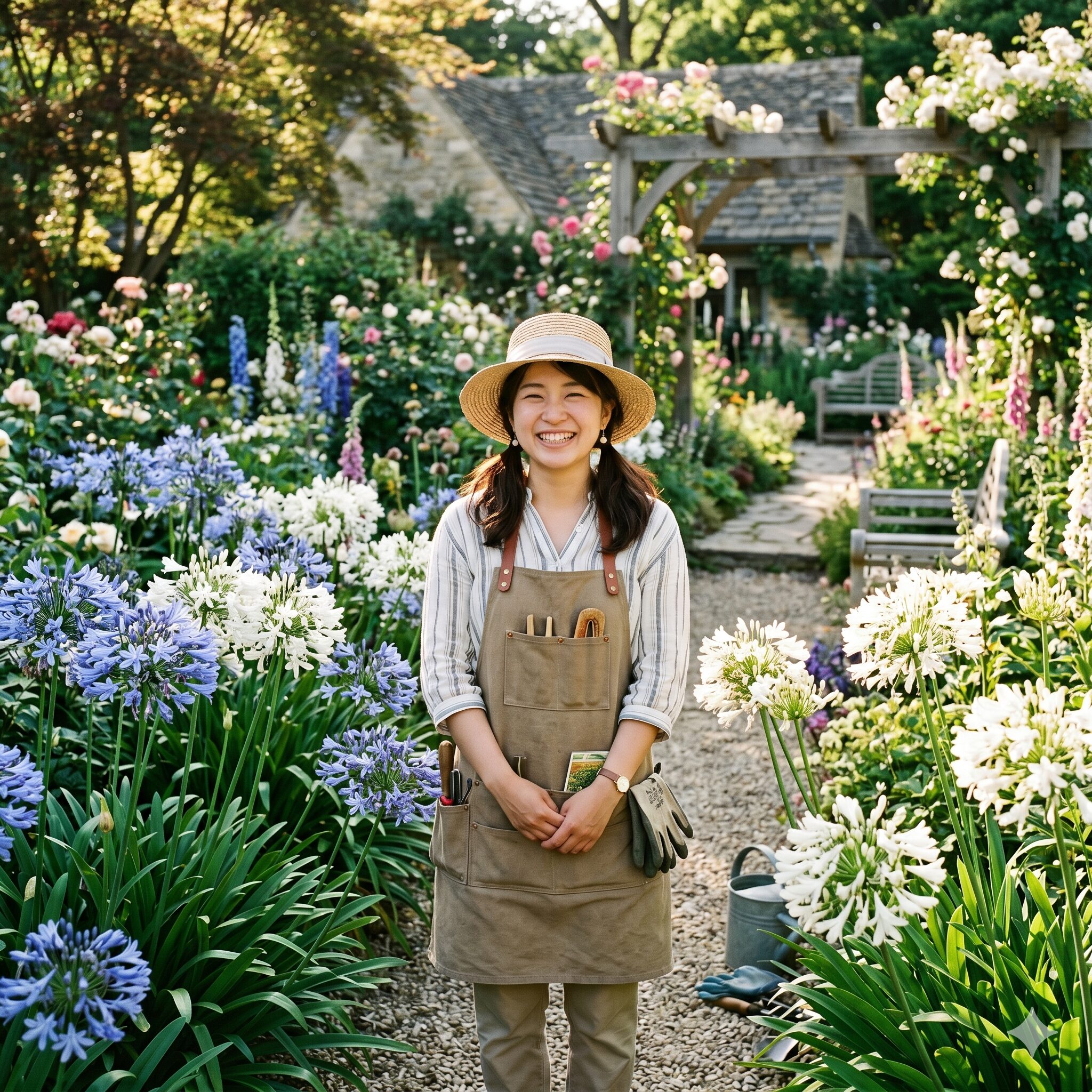 アガパンサス 育て方 花が咲かない1　美しい庭で満開のアガパンサスを楽しむ若い日本人女性。