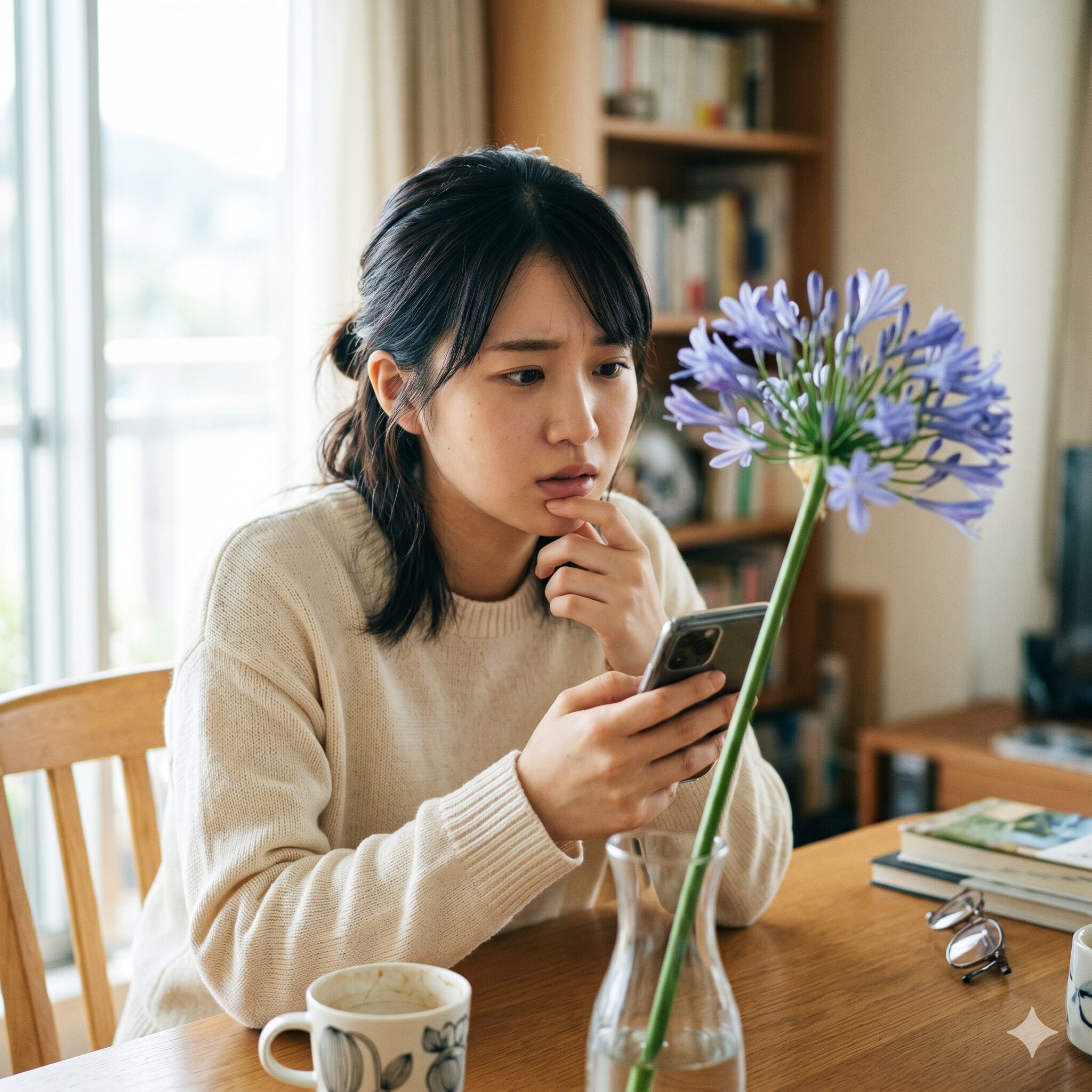 アガパンサス 花言葉 怖い2　アガパンサスの花言葉の意味をスマートフォンで調べて考え込む若い日本人女性