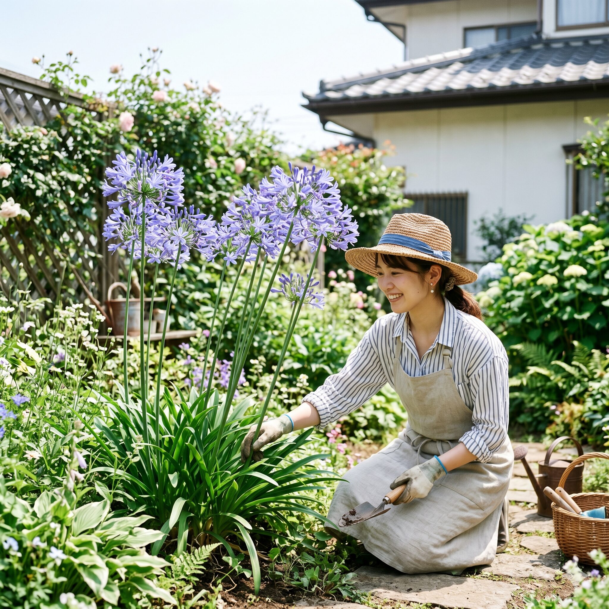 アガパンサスに似た花1　初夏のナチュラルガーデンで青紫色のアガパンサスの花に囲まれて笑顔でお手入れをする若い日本人女性のリアルな風景