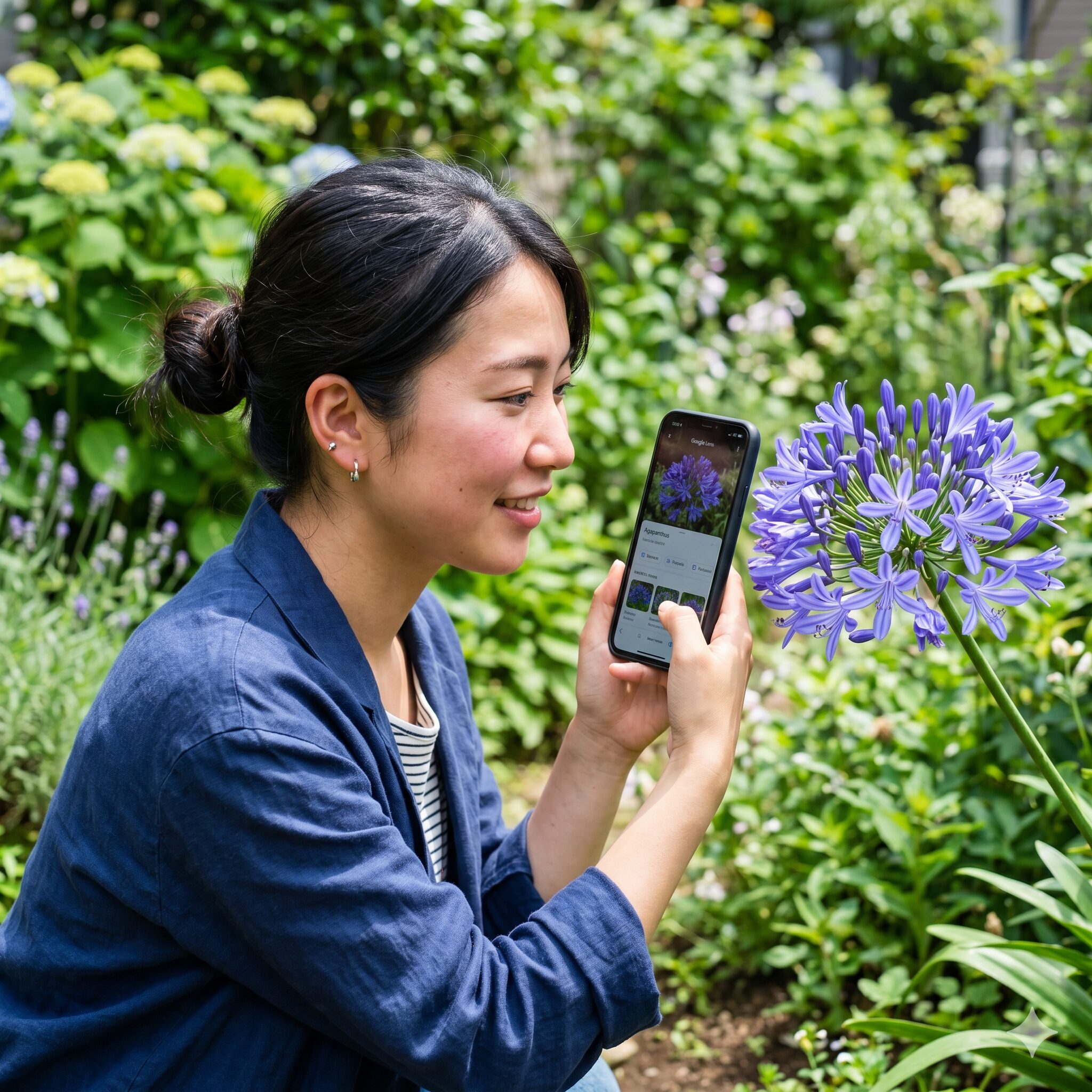 アガパンサスに似た花2　庭で見つけた青い花にスマートフォンをかざして植物名検索アプリや画像検索で名前を調べる若い日本人女性の手元