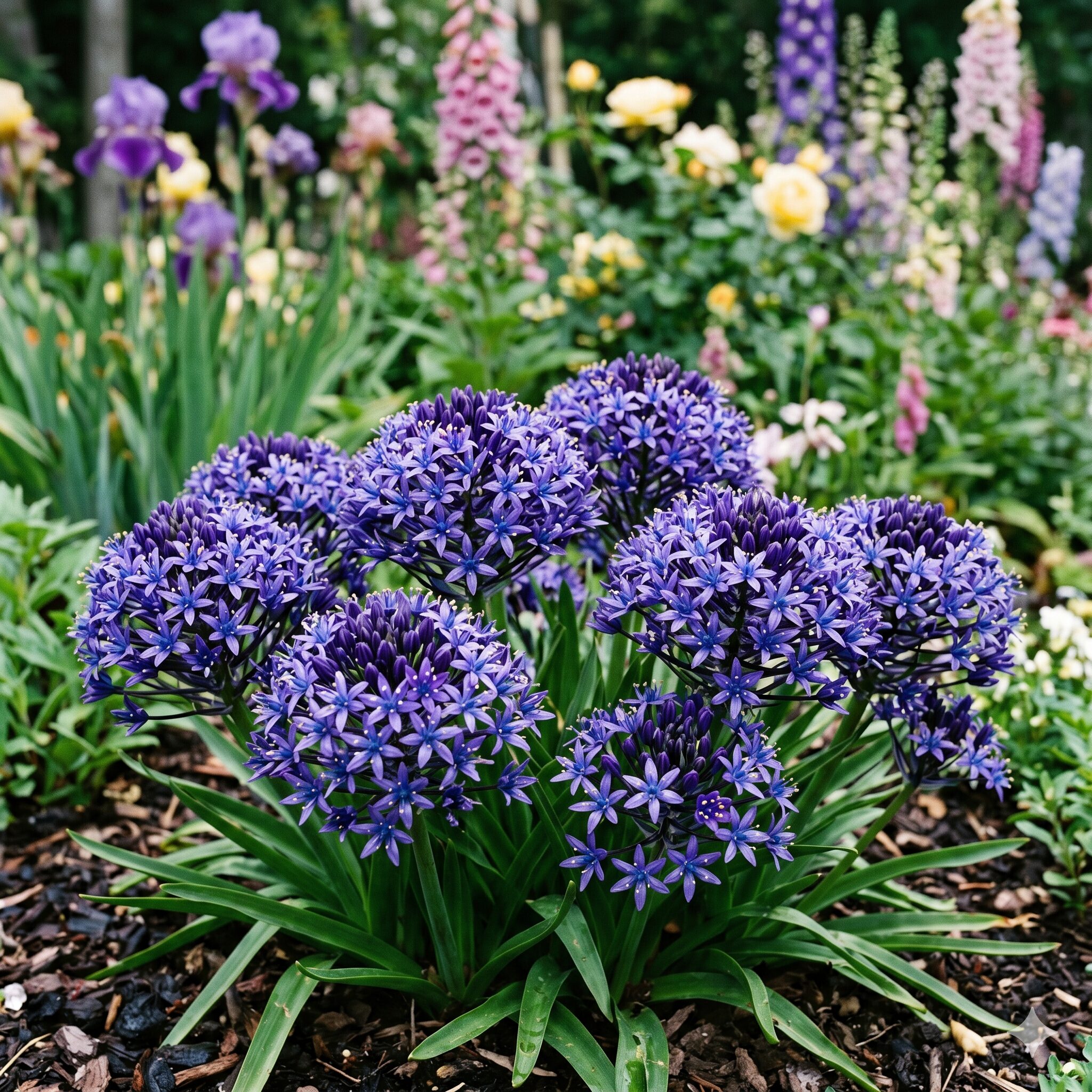 アガパンサスに似た花4　花壇の手前で星型の鮮やかな青紫色の小花を密集させて低く咲くシラー・ペルビアナ（オオツルボ）