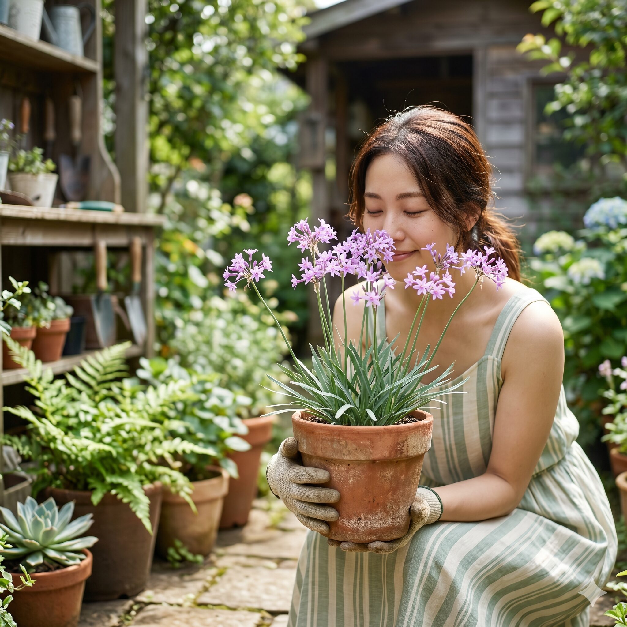 アガパンサスに似た花5　鉢植えで可憐なピンクパープルの小花を咲かせるツルバギア（ルリフタモジ）を優しく手入れする様子
