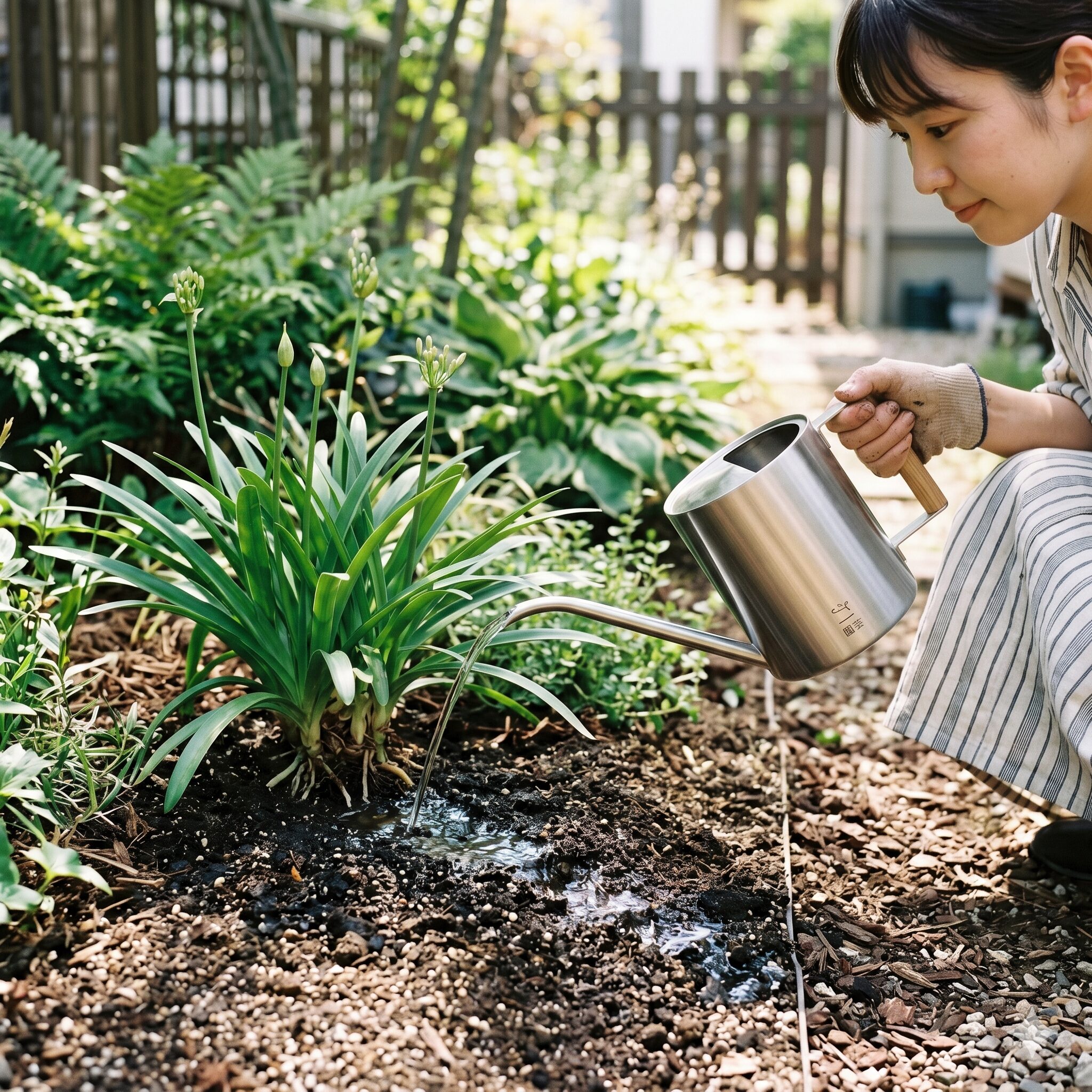 アガパンサスに似た花9　通気性と排水性を高めた高畝の花壇に植えられたアガパンサスの株元へじょうろで適切に水やりをする様子