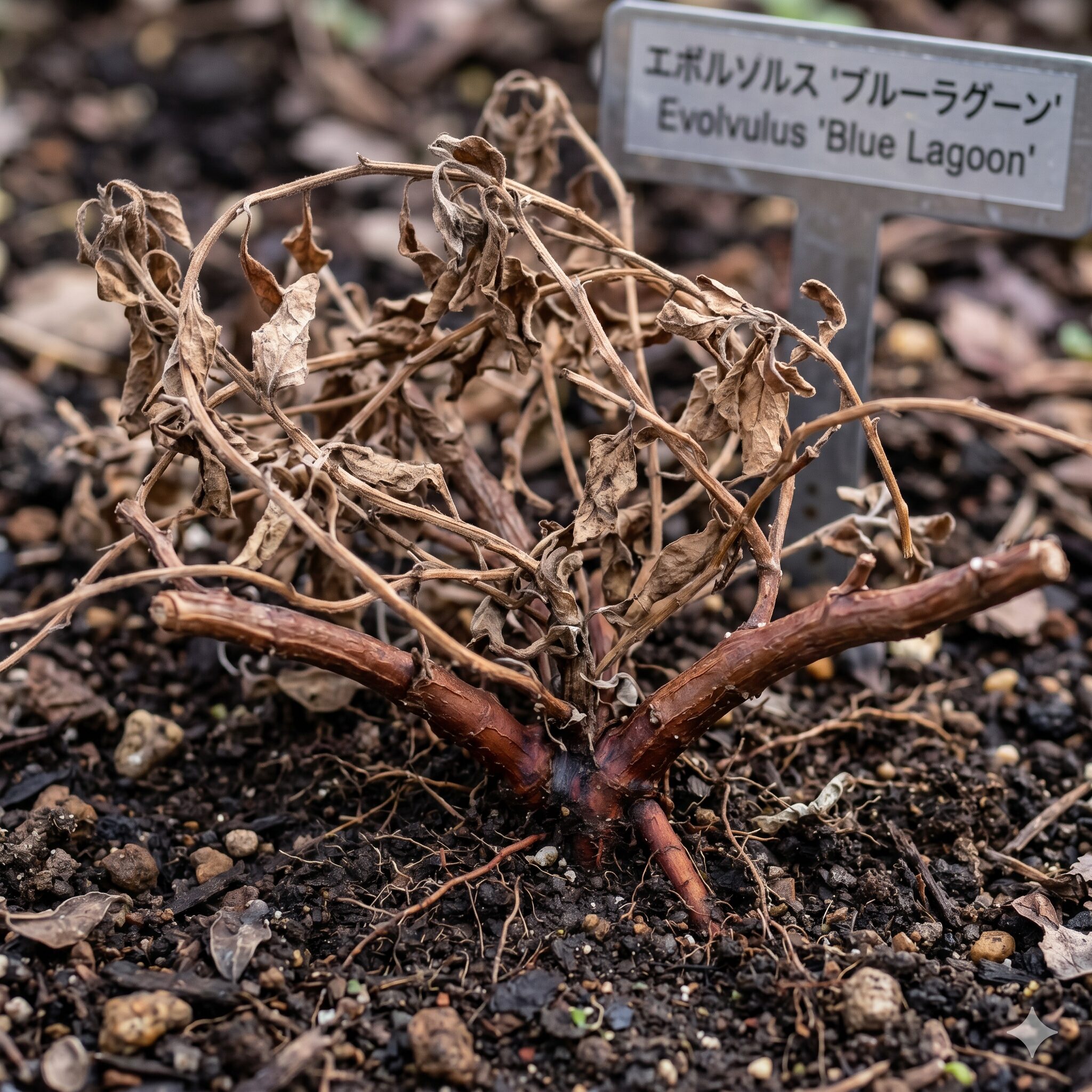 エボルブルス ブルーラグーン 冬　冬の寒さに耐えるため葉が茶色くカサカサになった半休眠状態のエボルブルスブルーラグーンの株元