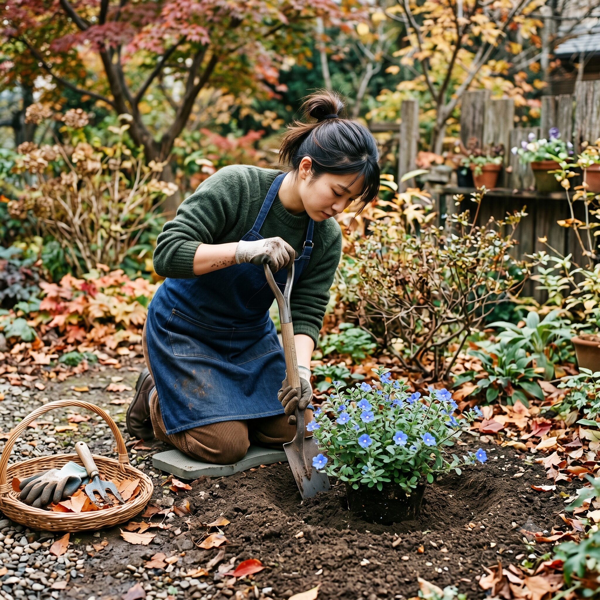 エボルブルス ブルーラグーン 冬　晩秋の庭で地植えのエボルブルスブルーラグーンを冬越しさせるために丁寧に鉢上げする様子