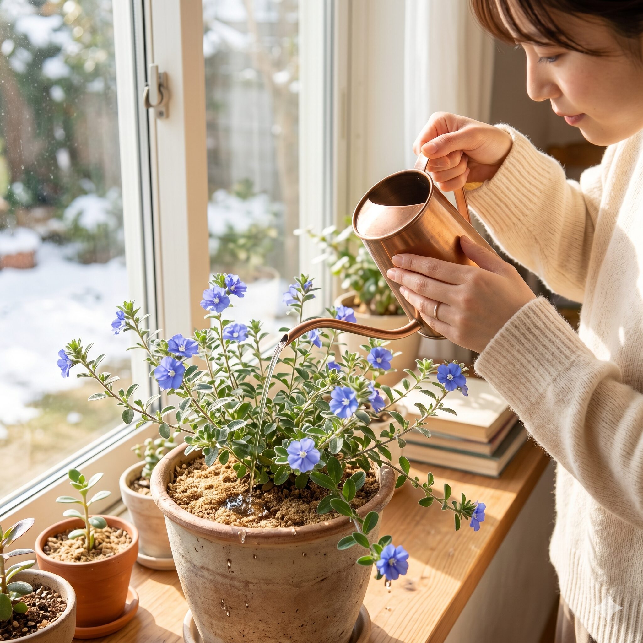 エボルブルス ブルーラグーン 冬　冬の暖かい日中の時間帯を狙ってエボルブルスブルーラグーンの鉢植えに優しく水やりをする様子