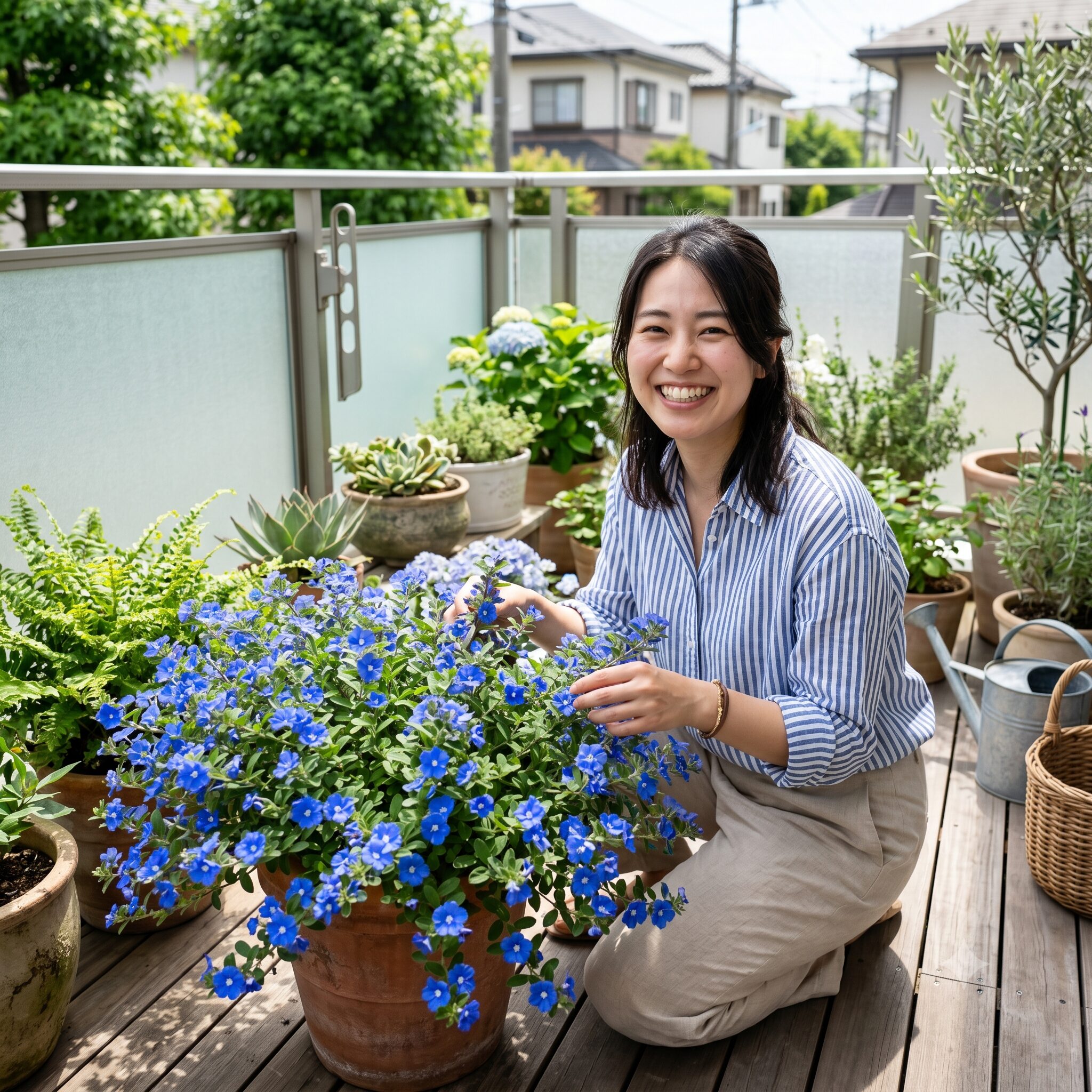 エボルブルス ブルーラグーン 冬　ベランダの鉢植えで満開に咲き誇る鮮やかなコバルトブルーのエボルブルスブルーラグーン