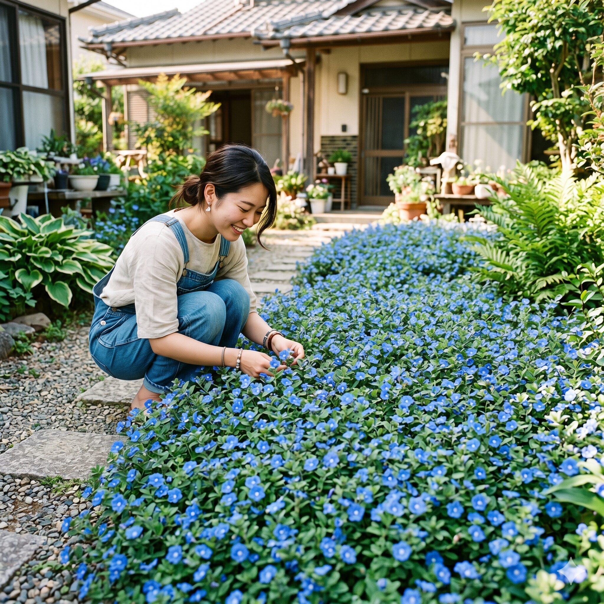 エボルブルス ブルーラグーン 地植え　エボルブルス・ブルーラグーンの地植えで一面に広がる鮮烈な青い花の絨毯と若い日本人女性