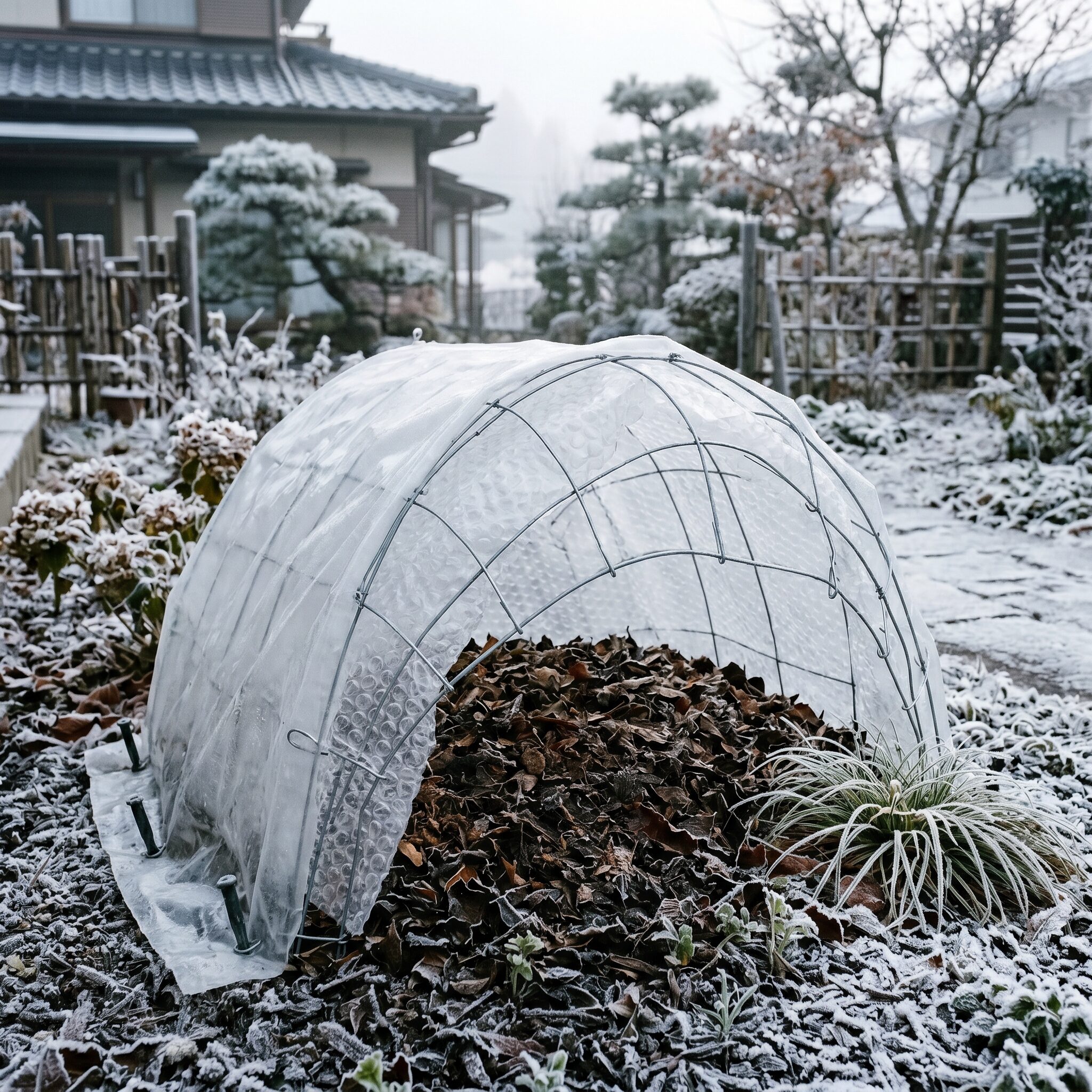 エボルブルス ブルーラグーン 地植え　寒冷地での地植え越冬のためにプチプチと防寒ビニールで構築された二重トンネルの物理防寒パッケージ