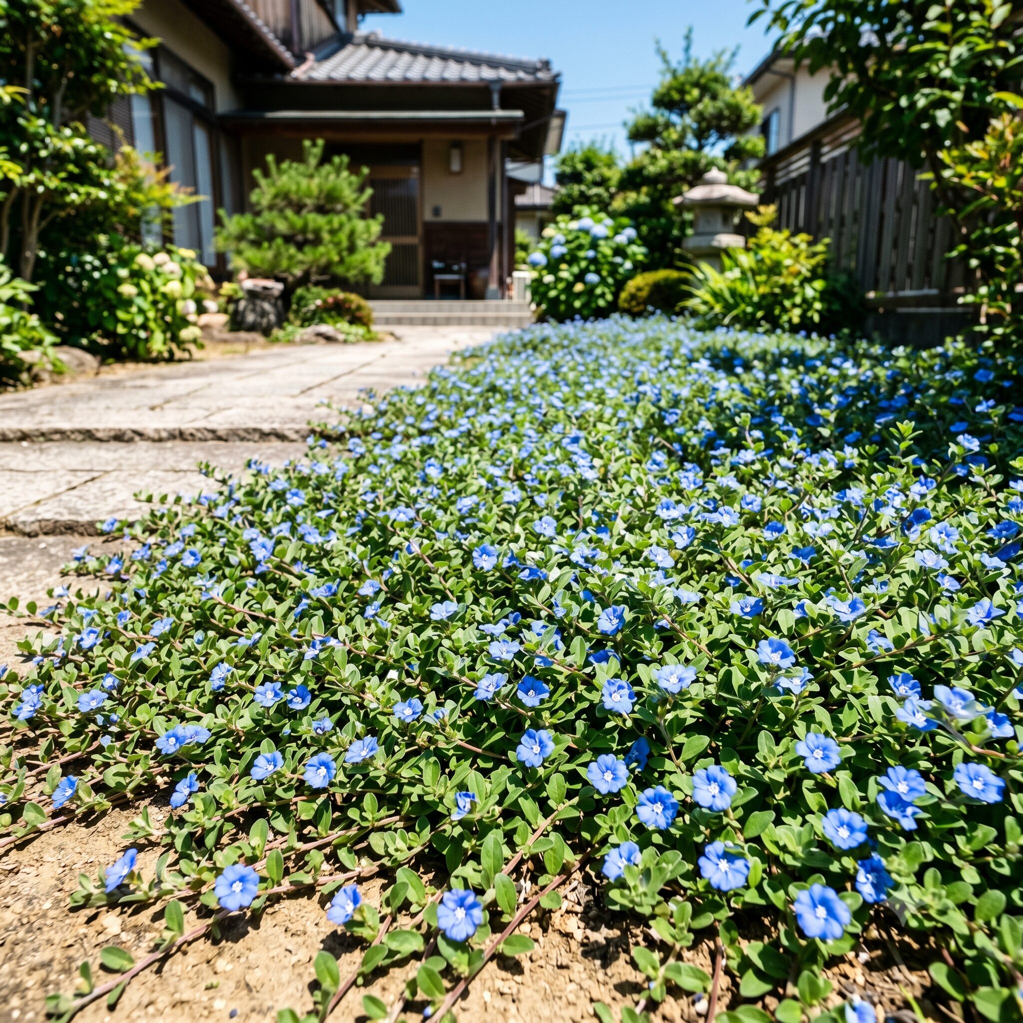 エボルブルス ブルーラグーン 地植え　地植え栽培で雑草を抑制し地面を覆い尽くすエボルブルス・ブルーラグーンのグランドカバー効果