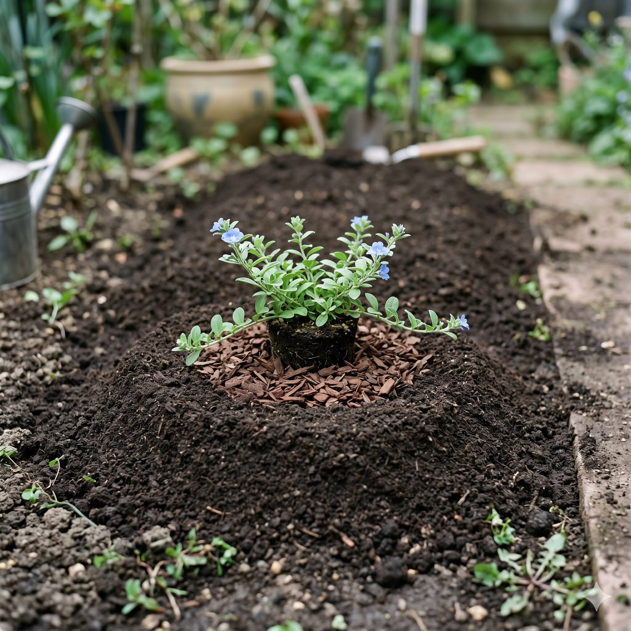 エボルブルス ブルーラグーン 地植え　排水性を高めるために高畝（マウンド）化してマルチングを施したエボルブルス・ブルーラグーンの苗の植え付け