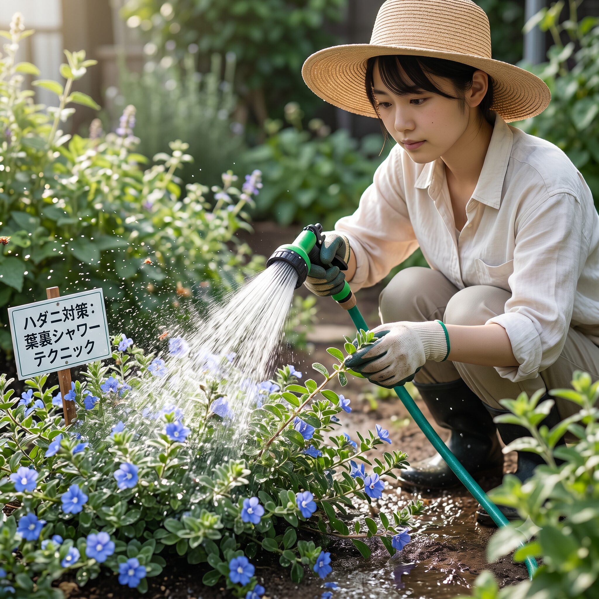 エボルブルス ブルーラグーン 地植え　夏のハダニ予防のためにエボルブルスの葉の裏側にホースで水を叩きつける葉裏シャワー技術