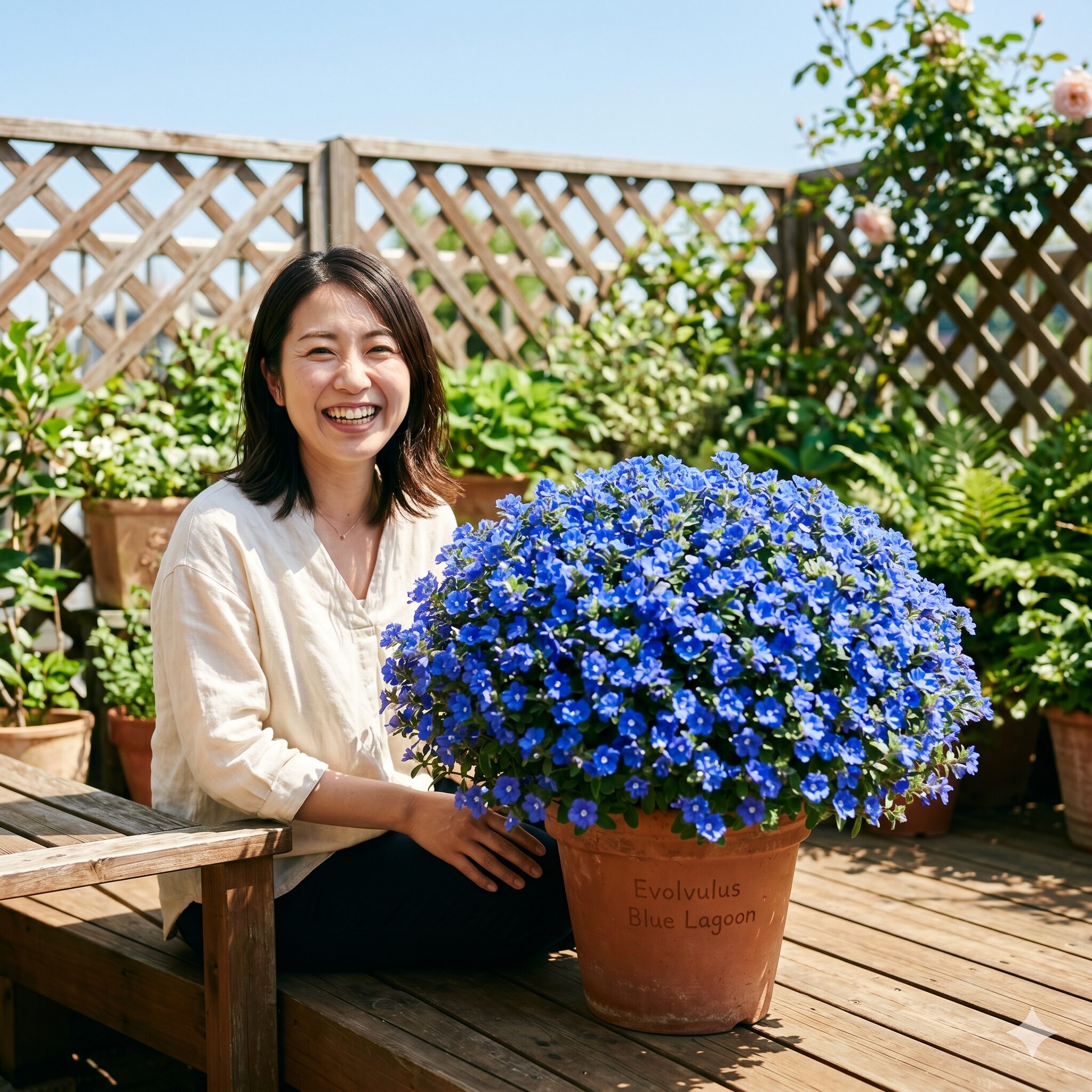 エボルブルス ブルーラグーン 多年草　明るいテラスでおしゃれな鉢植えから溢れんばかりに満開に咲き誇るロイヤルブルーのエボルブルス・ブルーラグーン