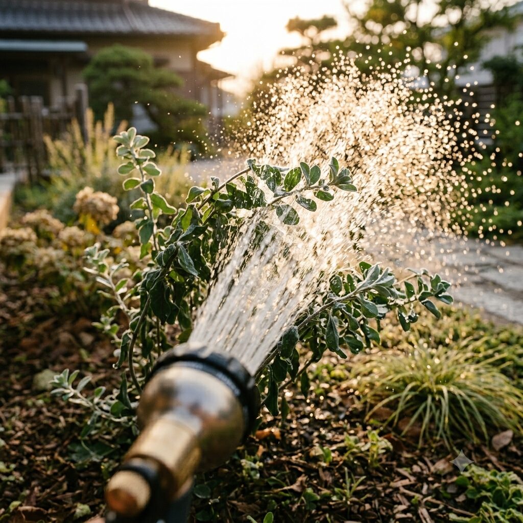 エボルブルス ブルーラグーン 多年草 夏の乾燥期にハダニを物理的に洗い流すためエボルブルスの葉の裏側を狙って勢いよくシャワーで葉水を行う様子