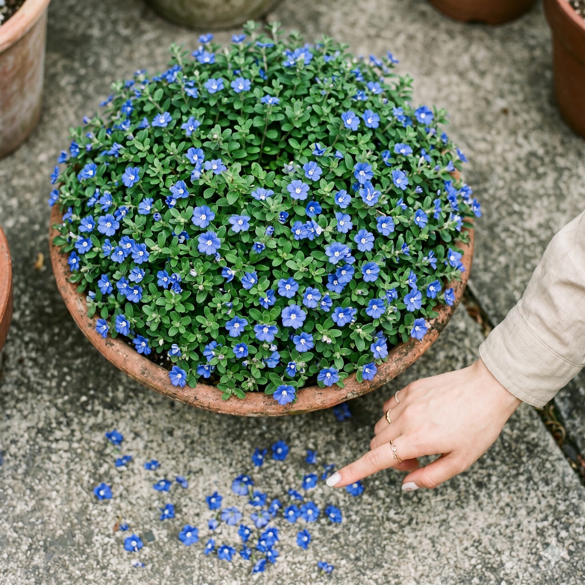 エボルブルス ブルーラグーン 株分け　驚異的な分枝力で中心まで花が密生し、花が自然に落ちるセルフクリーニング機能を示すエボルブルスブルーラグーンのアップ