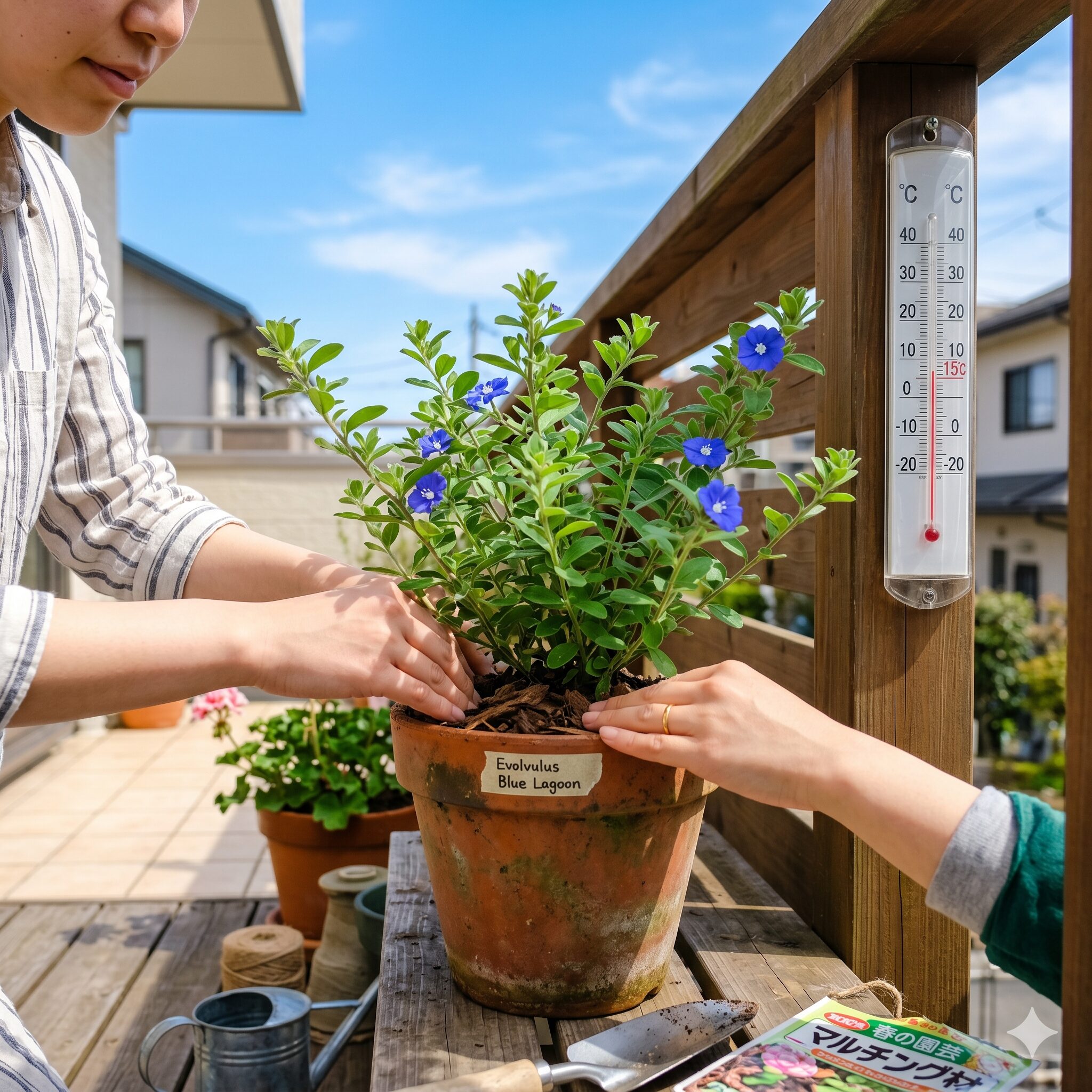 エボルブルス ブルーラグーン 株分け　春の青空の下、温度計が15℃を指す中で新芽が芽吹き始めたエボルブルスブルーラグーンの苗