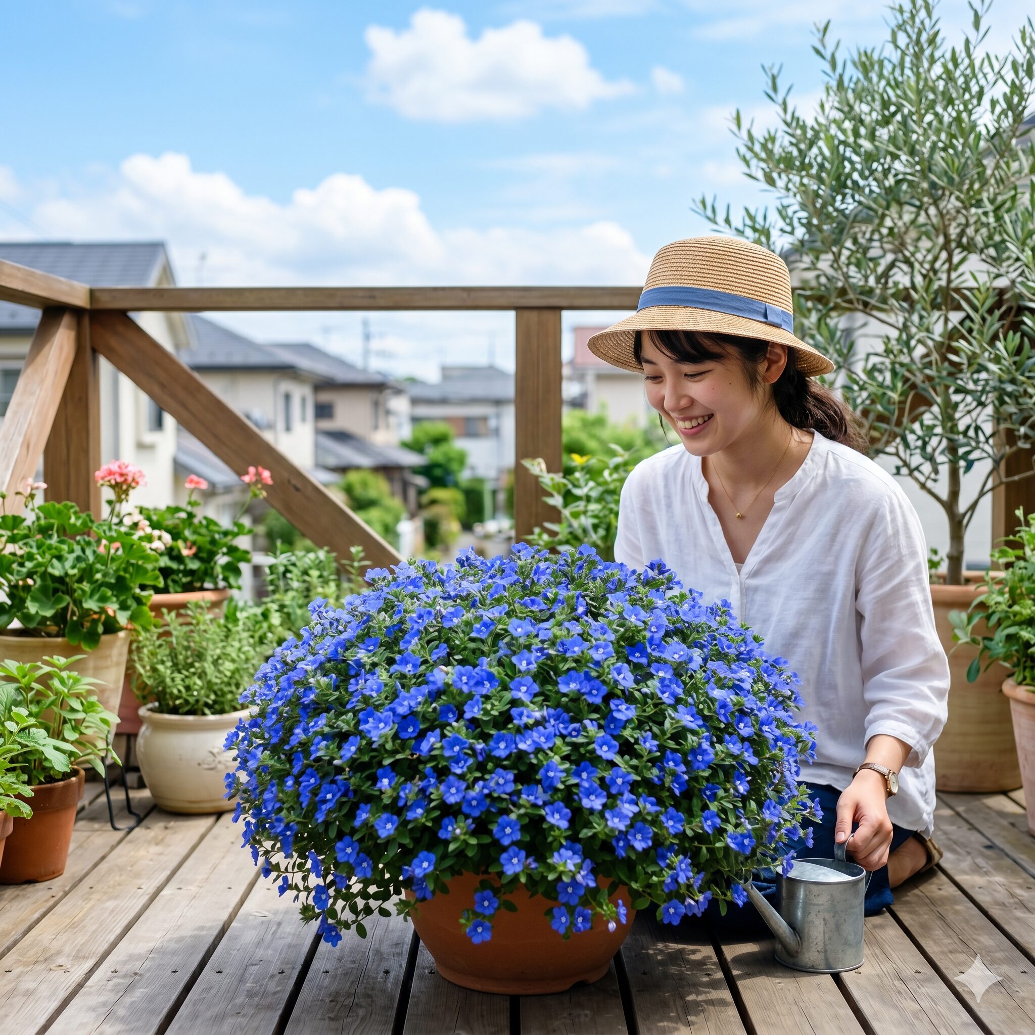エボルブルス ブルーラグーン 花が咲かない　夏のベランダで満開に咲き誇るコバルトブルーのエボルブルス・ブルーラグーンの鉢植えと若い日本人女性