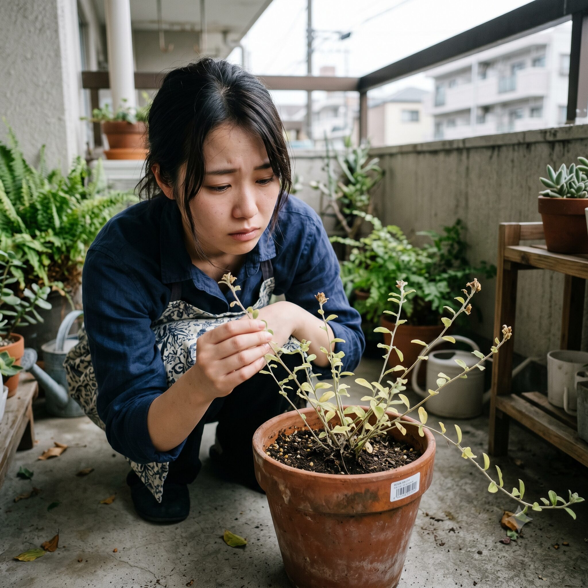 エボルブルス ブルーラグーン 花が咲かない　日照不足により茎が細くヒョロヒョロに徒長し、蕾が開かないまま枯れかかっているエボルブルスの株