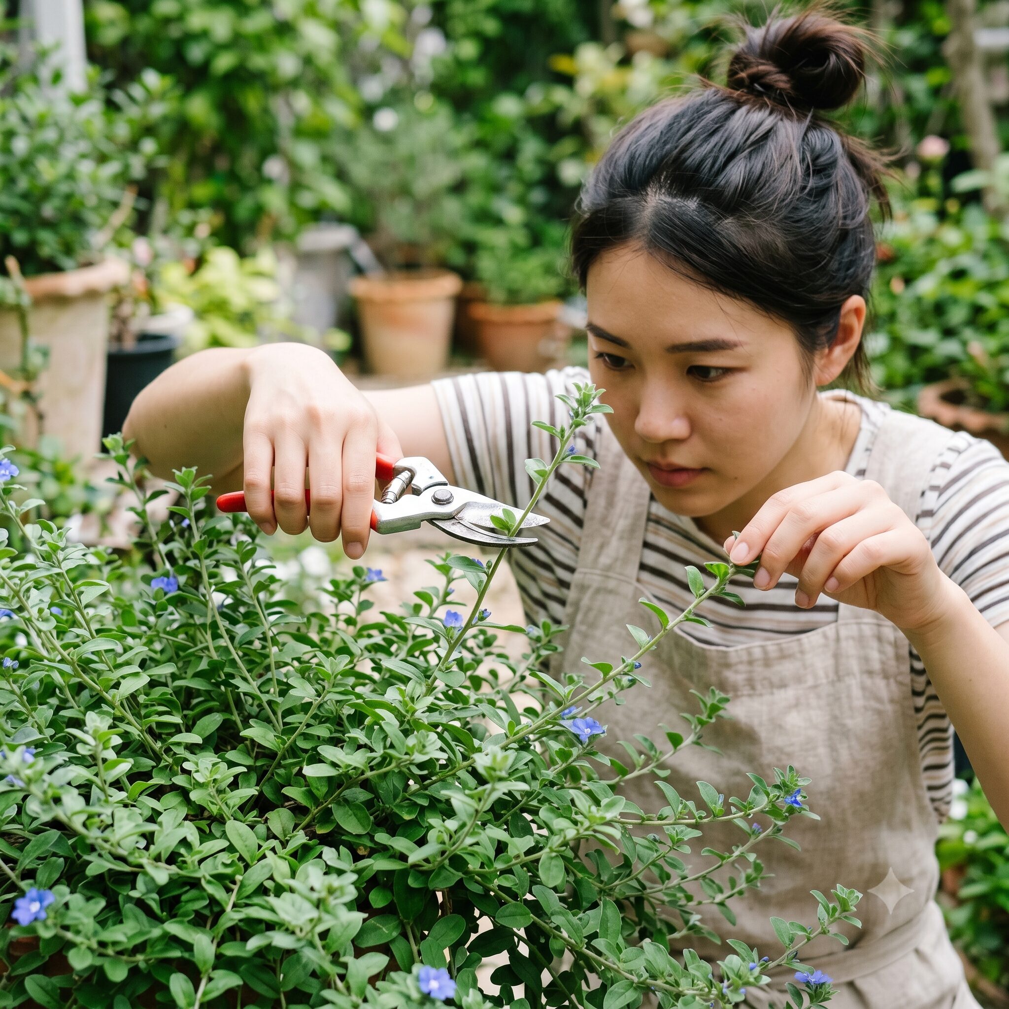 エボルブルス ブルーラグーン 花が咲かない　側枝を一斉に開花させるために、潜伏芽の上をハサミで剪定する切り戻しとトップカットの作業