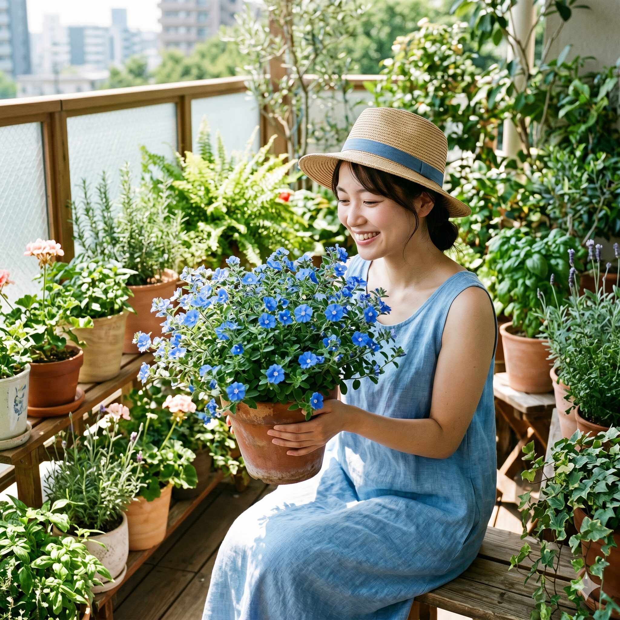エボルブルス ブルーラグーン 花言葉　夏のベランダで満開のエボルブルスブルーラグーンの鉢植えと笑顔の若い日本人女性