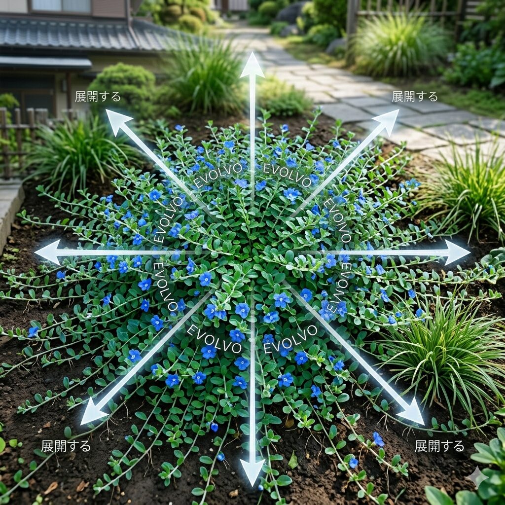 エボルブルス ブルーラグーン 花言葉　地面を這うように広がるエボルブルスブルーラグーンの匍匐性と語源evolvoの図解
