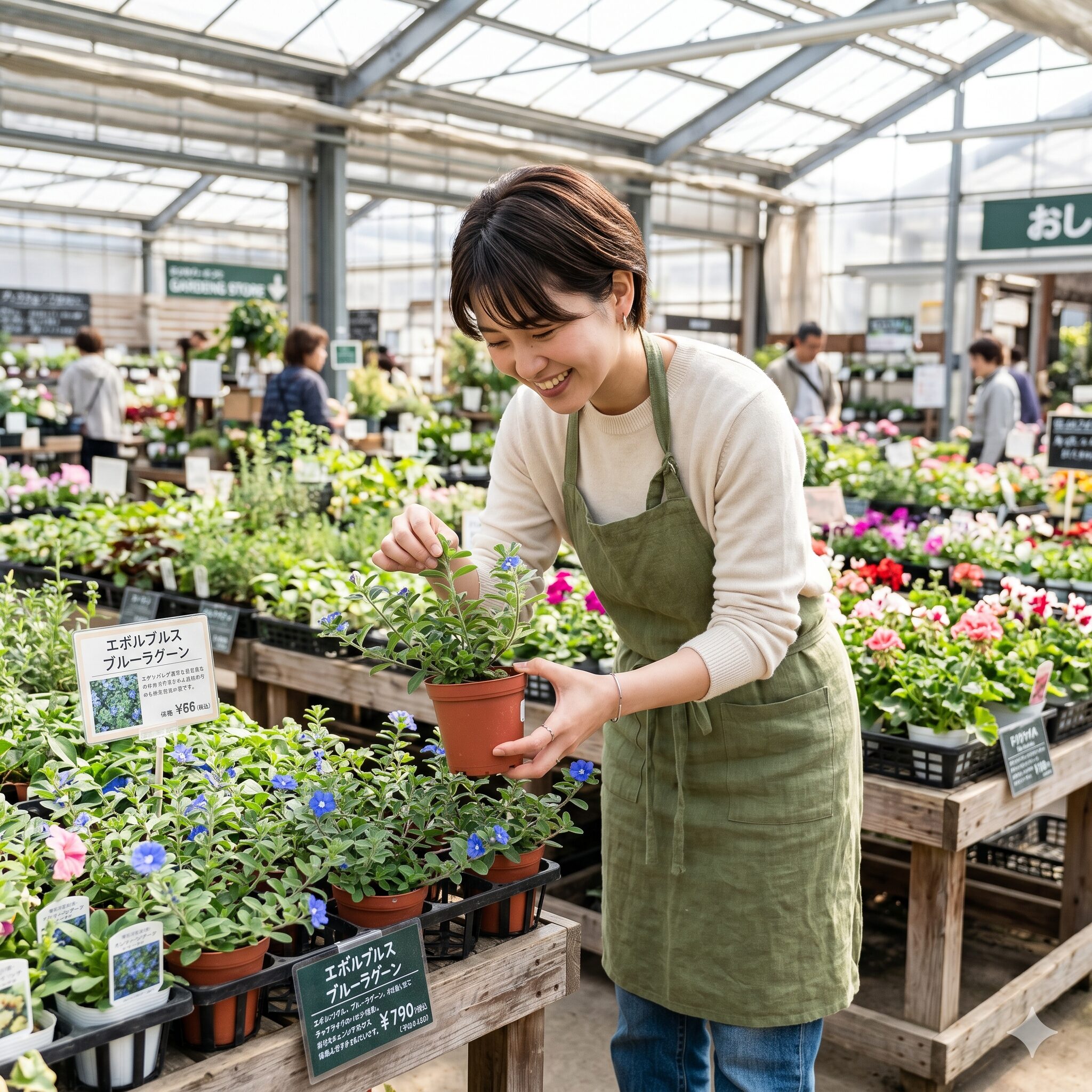 エボルブルス ブルーラグーン 花言葉　園芸店で健康なエボルブルスブルーラグーンの苗を選ぶ若い日本人女性