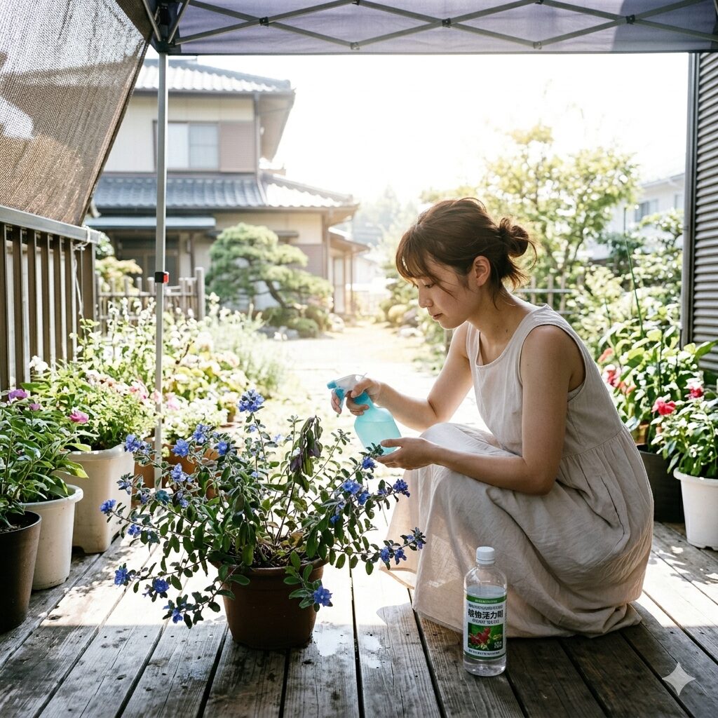 エボルブルス ブルーラグーン 花言葉　真夏の猛暑期に夏バテ防止の活力剤をエボルブルスブルーラグーンに与える若い日本人女性