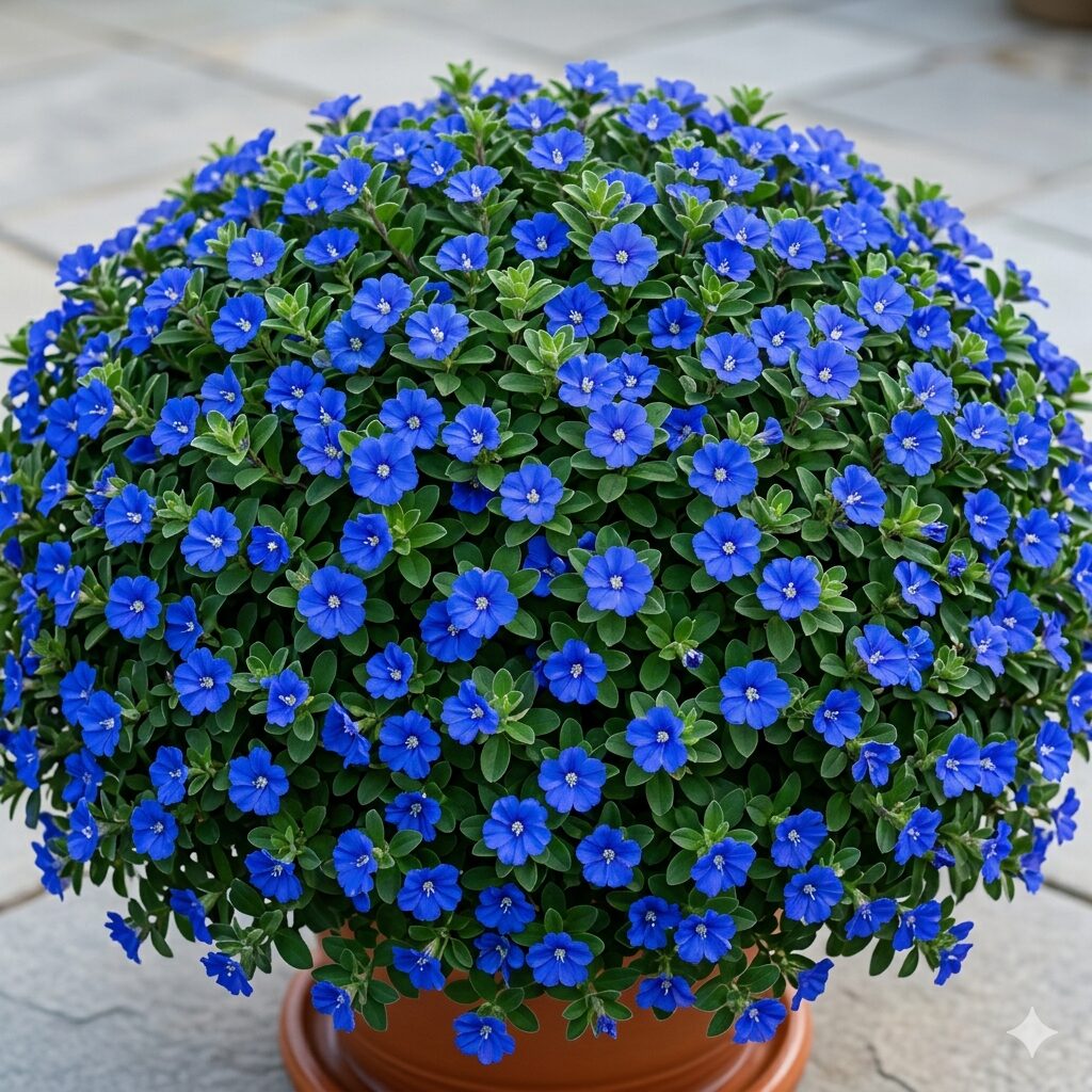 エボルブルス ブルーラグーン 通販　節間が詰まり株密度が高く一面に開花したエボルブルス ブルーラグーンのクローズアップ