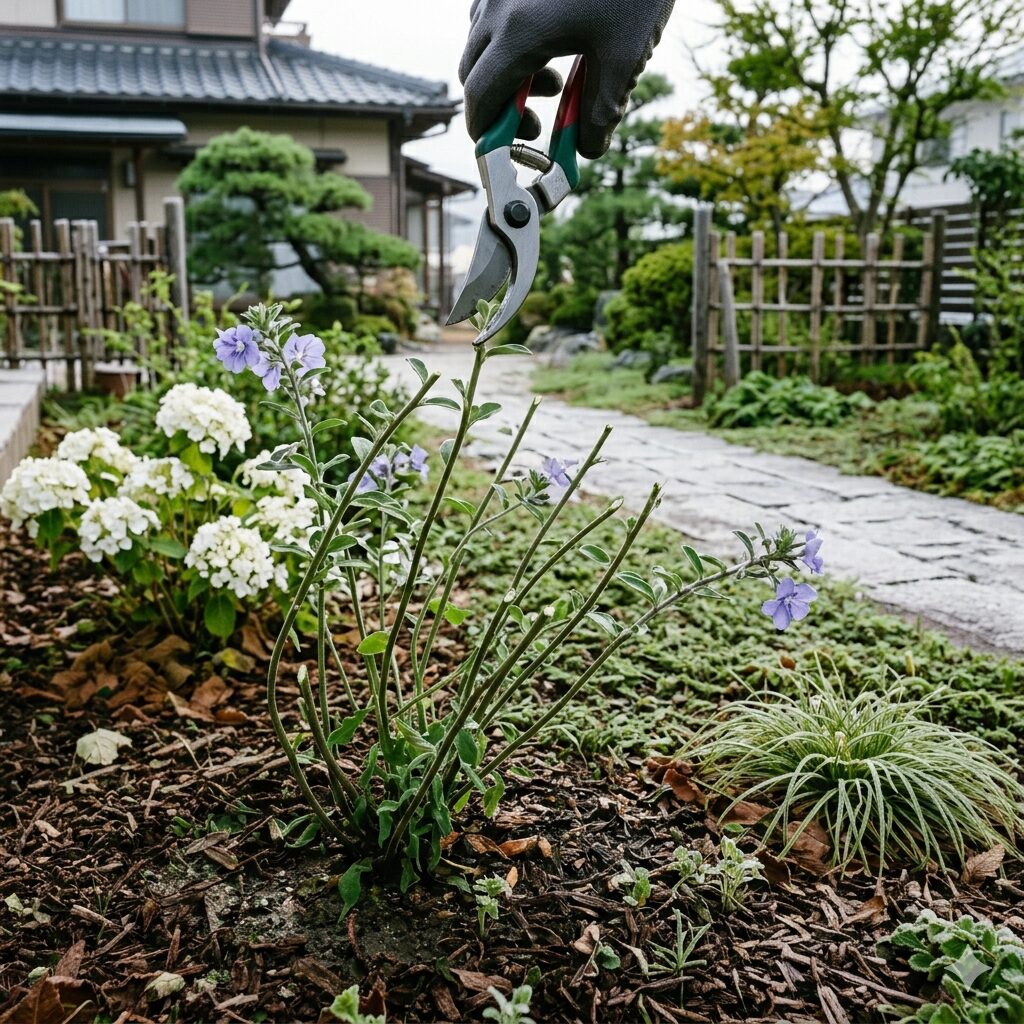 エボルブルス ブルーラグーン 通販　夏の終わりにエボルブルス ブルーラグーンを草丈の半分までバッサリと強剪定する様子