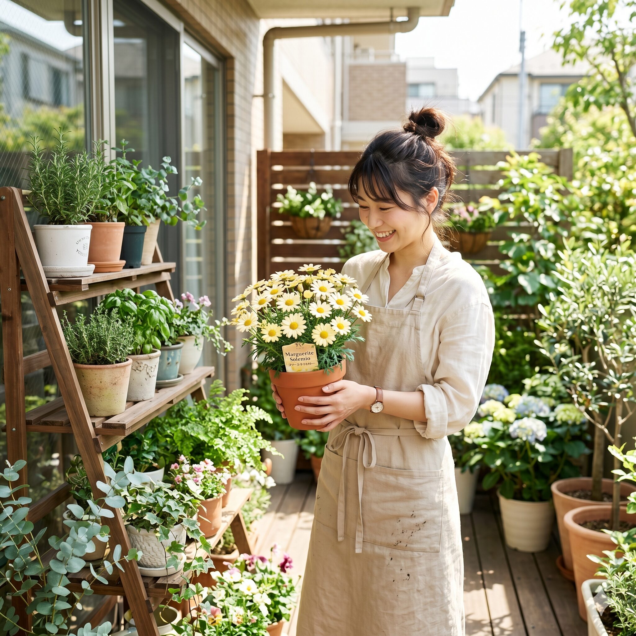 マーガレットソレミオ育て方1　満開のマーガレットソレミオの鉢植えを笑顔で見つめる若い日本人女性