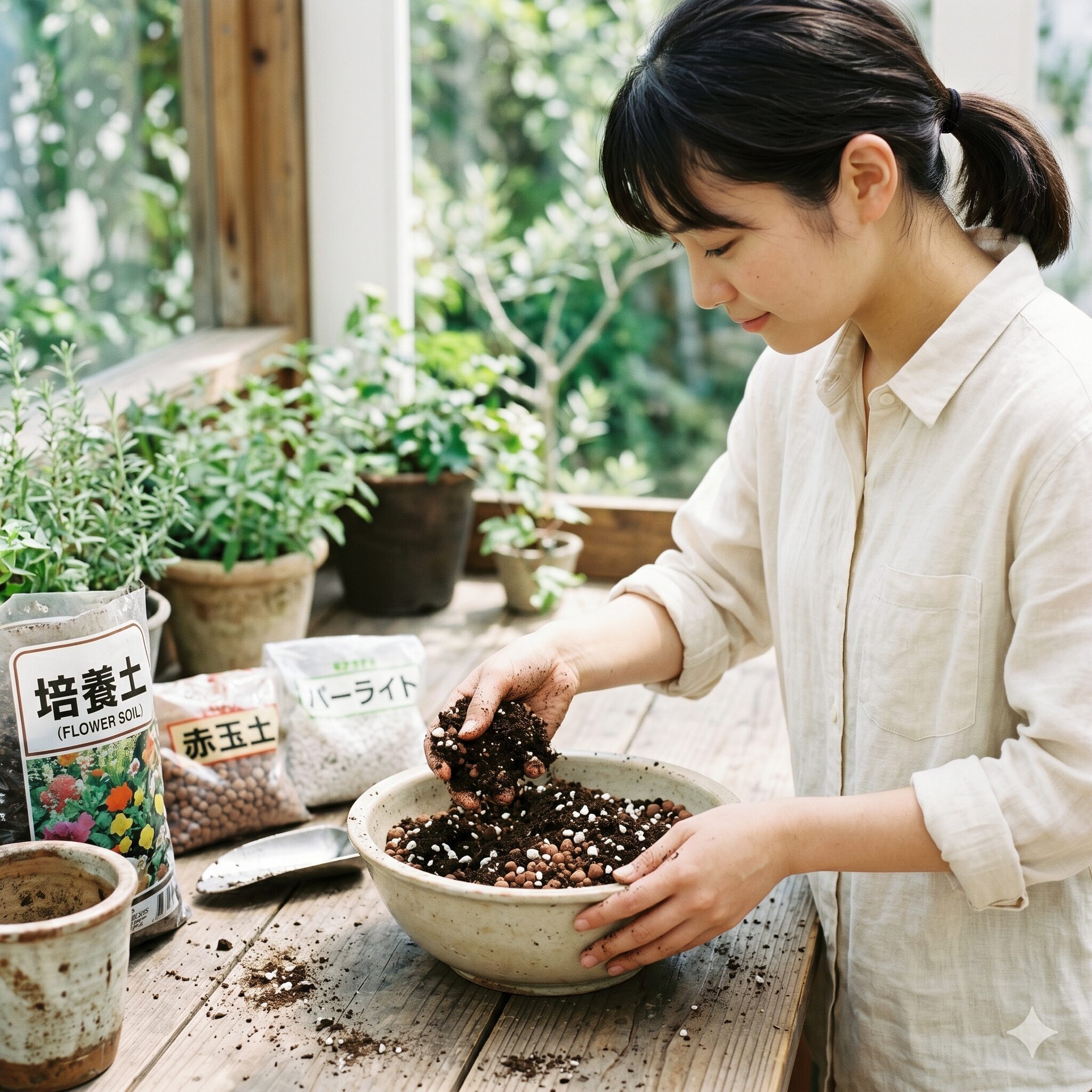 マーガレットソレミオ育て方2　マーガレットソレミオの苗をひと回り大きな鉢へ段階的に植え替えるポットアップの様子